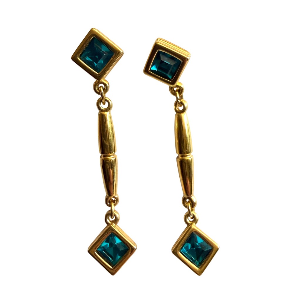 Swarovski Vintage Gold Tone Teal Green Crystal Art Deco Geometric Drop Earrings
